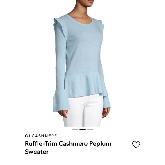 QI CASHMERE SAKS FIFTH AVENUE Lt Blue Ruffle Trim Bell Sleeve Peplum Sweater M - Picture 4 of 8